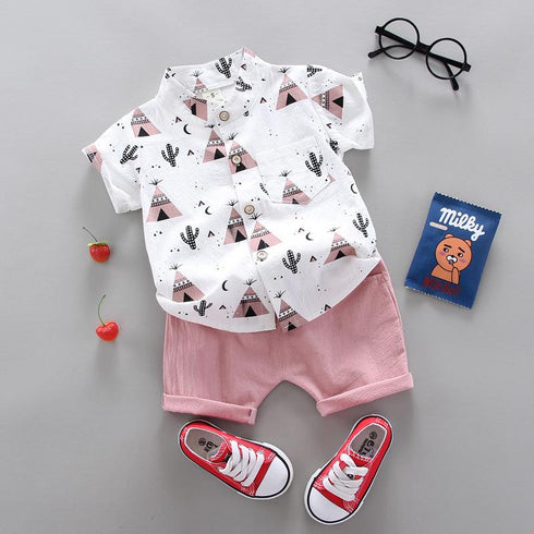 2pcs Toddler Boy Casual Pyramid Cactus Print Shirt and Shorts Set